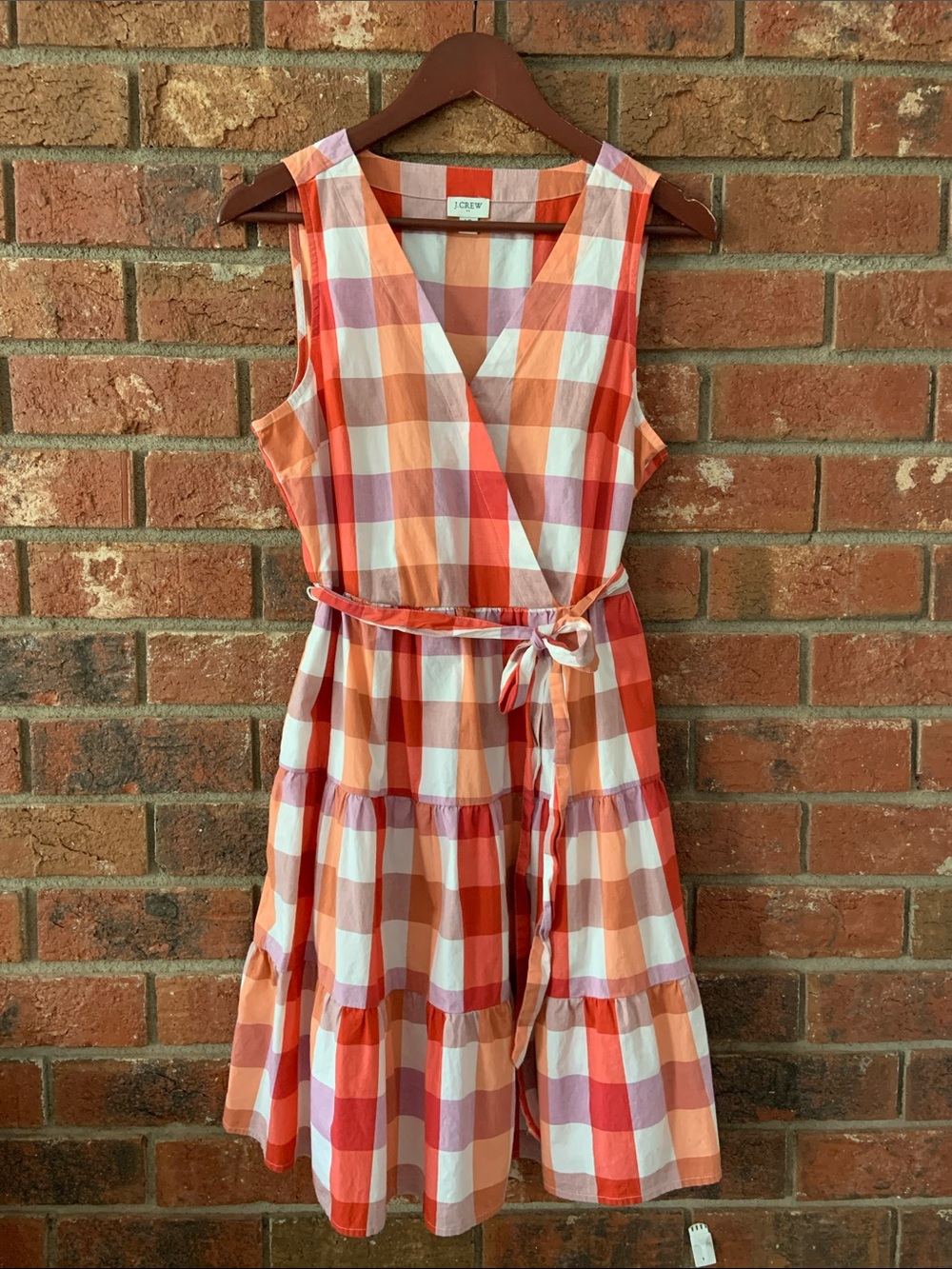 J. Crew Orange Purple and White Plaid Sleeveless Tie Belt Dress